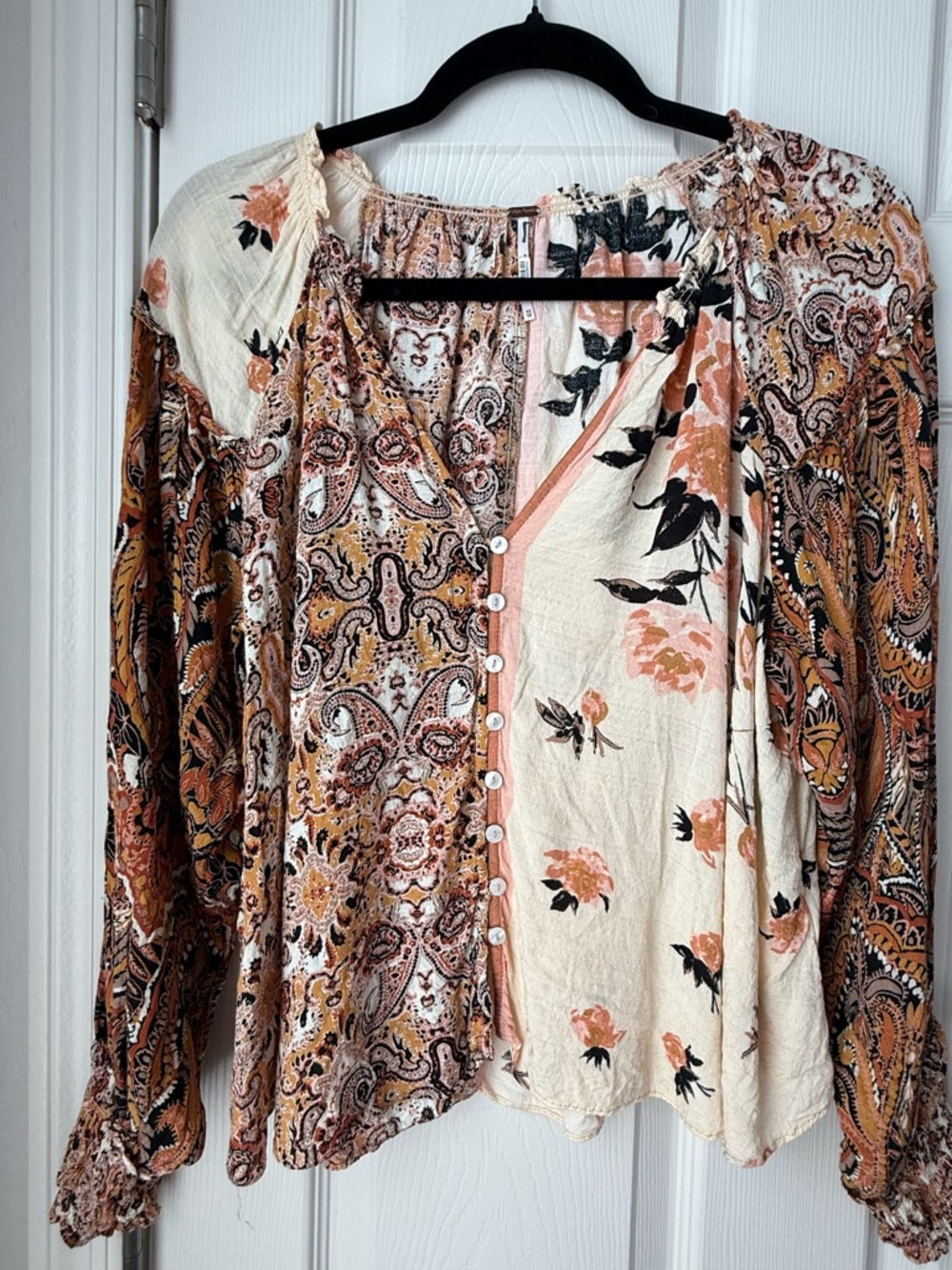 Free People Gemini Mixed Paisley & Floral Button-Down Top in Peach and Cream